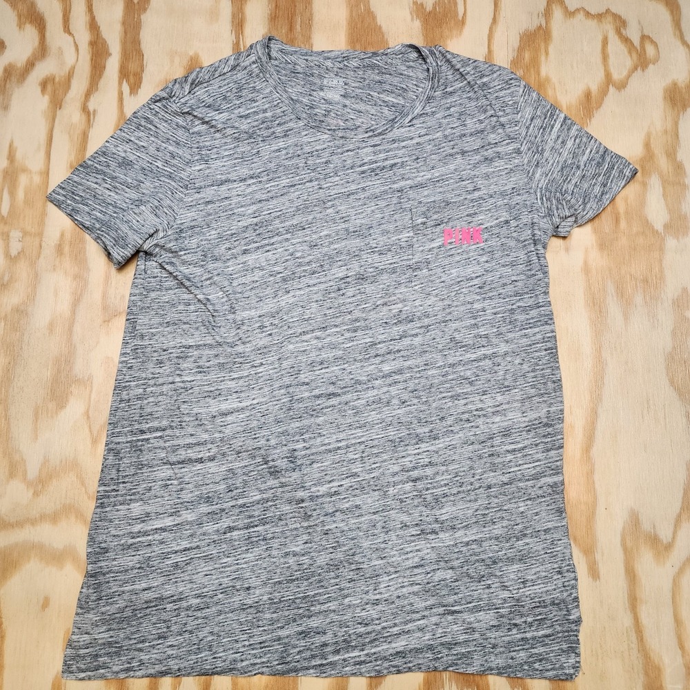 Victorias Secret Pink Womens Small Campus Tee Shirt Marl Gray Neon Pink Logo Dog - Picture 3 of 6